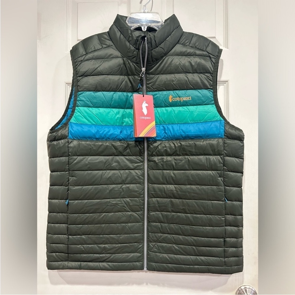 Cotopaxi Men's M Medium Fuego Down Vest Green Blue Woods Stripes Puffy Puff NWT
